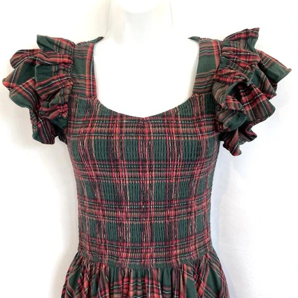 Ivy City Co Hattie Dress XS Green Red Plaid Smocked Midi Cottagecore Holiday - Picture 4 of 10